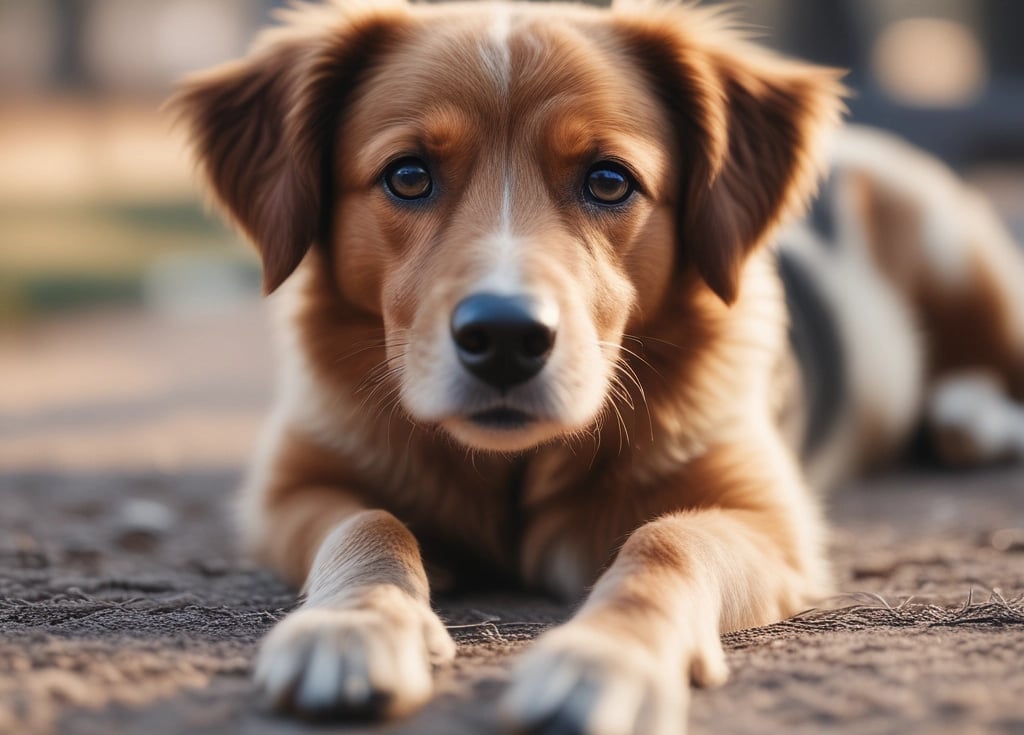 A dog is peacefully sleeping on a bed with a colorful geometric-patterned blanket. The bed is situated in a cozy bedroom with a dresser in the background. On top of the dresser, there are various decorative items, including a framed photograph, a white vase, a wooden hand sculpture, a metal tree sculpture, and a glowing orange lamp. A tower fan stands next to the window, and there are some dog toys on the bed.
